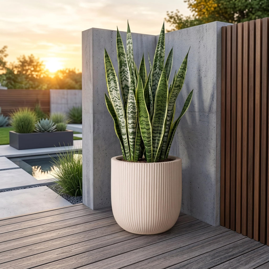 16" Pillar Fluted Outdoor Planter, Off-White, Modern Round Plant Pot
