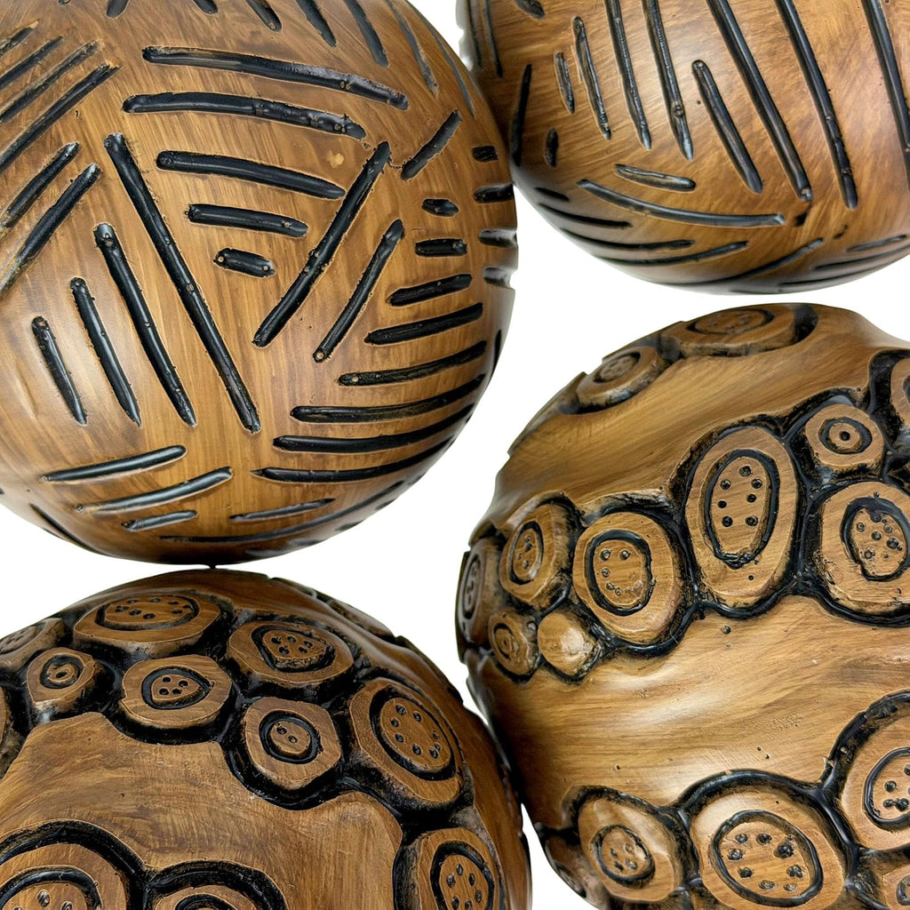 Decorative Orbs Set of 4 Brown Resin Carved Spheres, 4 Inch | Distressed Painted Finish, Tribal-Inspired Lines and