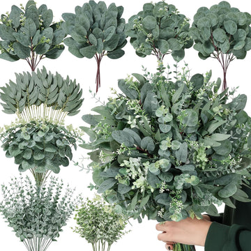 130 Pcs 8 Kinds Mixed Eucalyptus Stems Bulk,Artificial Greenery Silver Dollar Eucalyptus Leaves Picks for