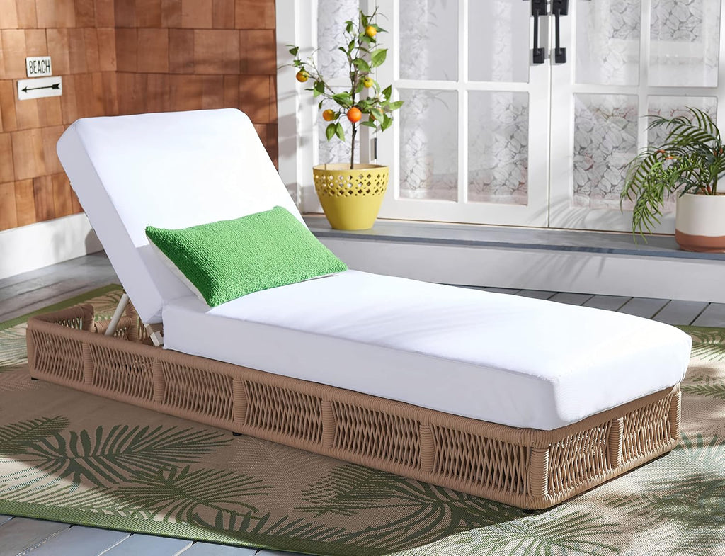 Outdoor Chaise Lounge Chair - Tan & White - Steel and Woven Rope - Adjustable 5-Position Backrest - Ideal