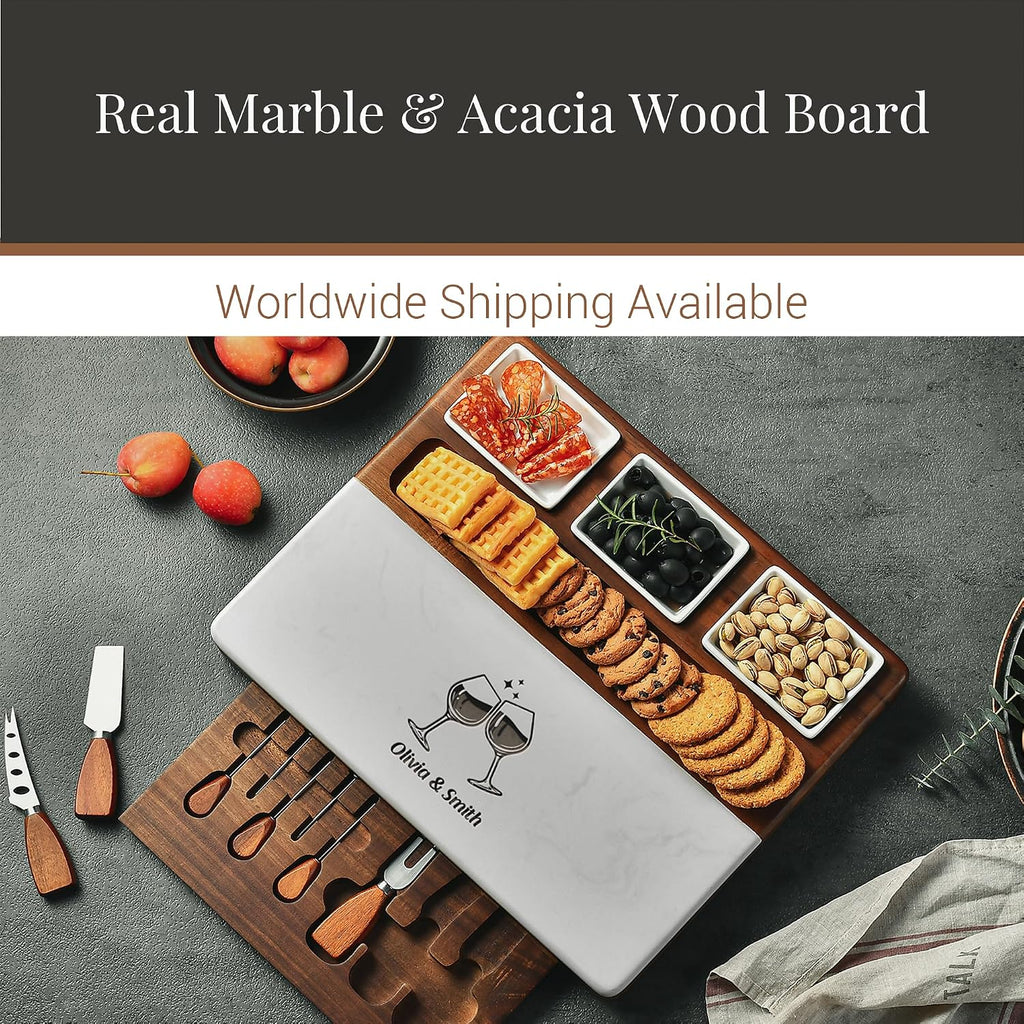 Wood Marble Cheese Board Set - Acacia & Marble Charcuterie Board with 3 Removable Ceramic Bowls & Stainless Steel