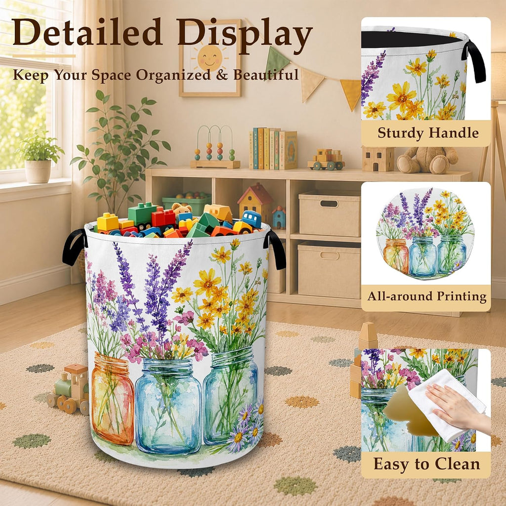 Wildflower Mason Jars Decorative Laundry Hamper, Tall Foldable Oxford Clothes Basket with Handles, Lightweight Dirty