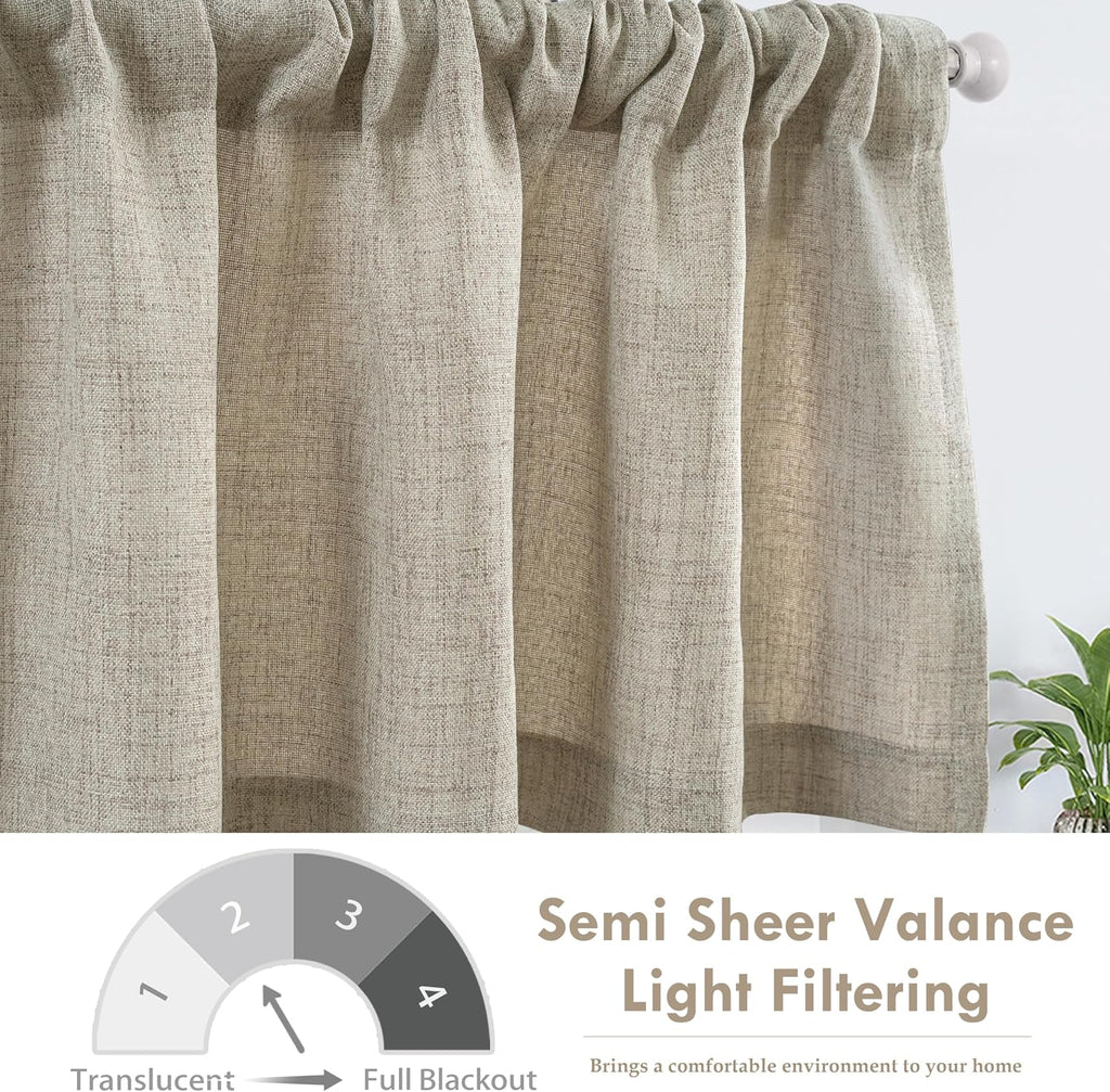 Linen Textured Curtain Valances for Windows Light Filtering 3 Inch Rod Pocket Farmhouse Country Rustic Kitchen