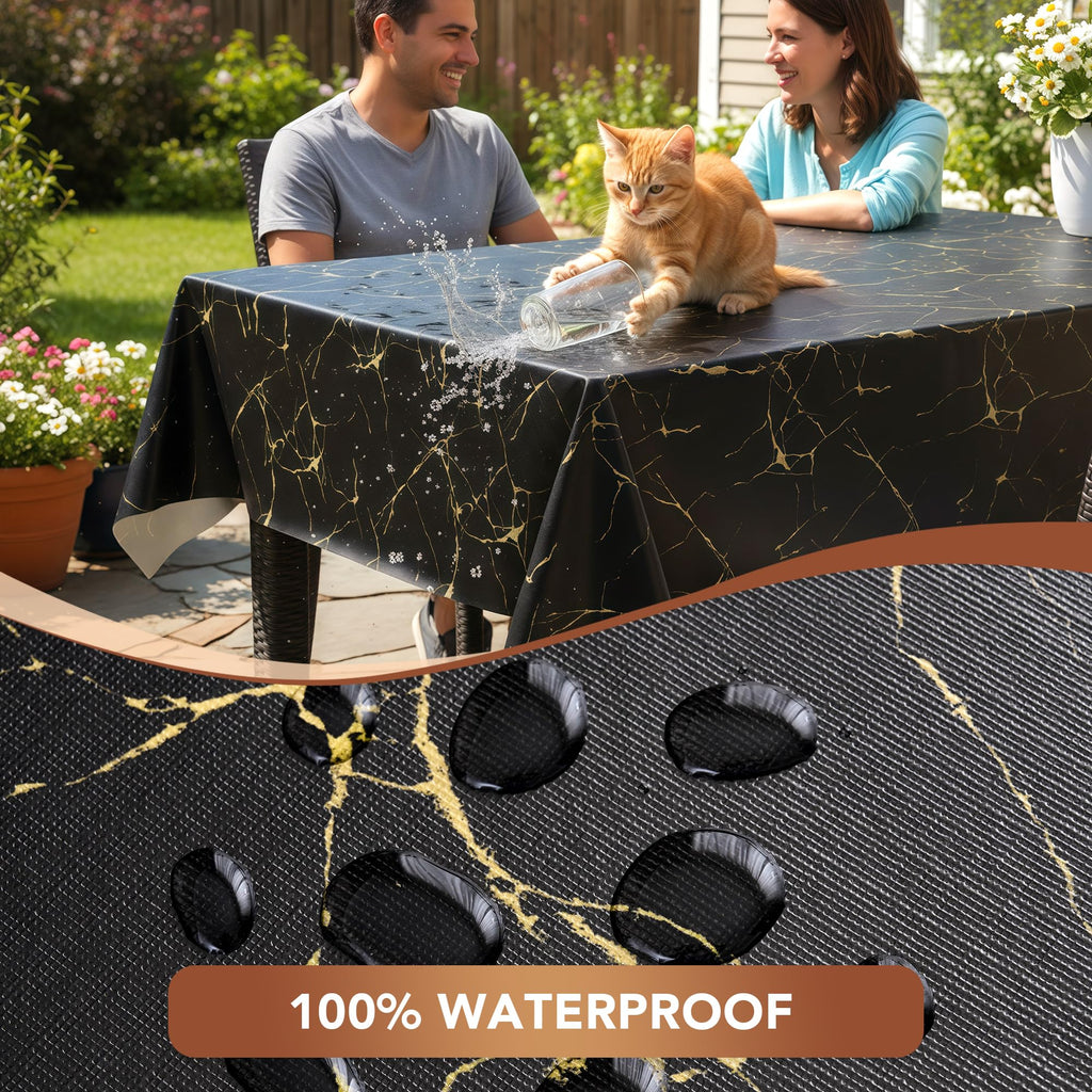 100% Waterproof Vinyl Tablecloth 54x78 Inch Rectangle, Black Marble