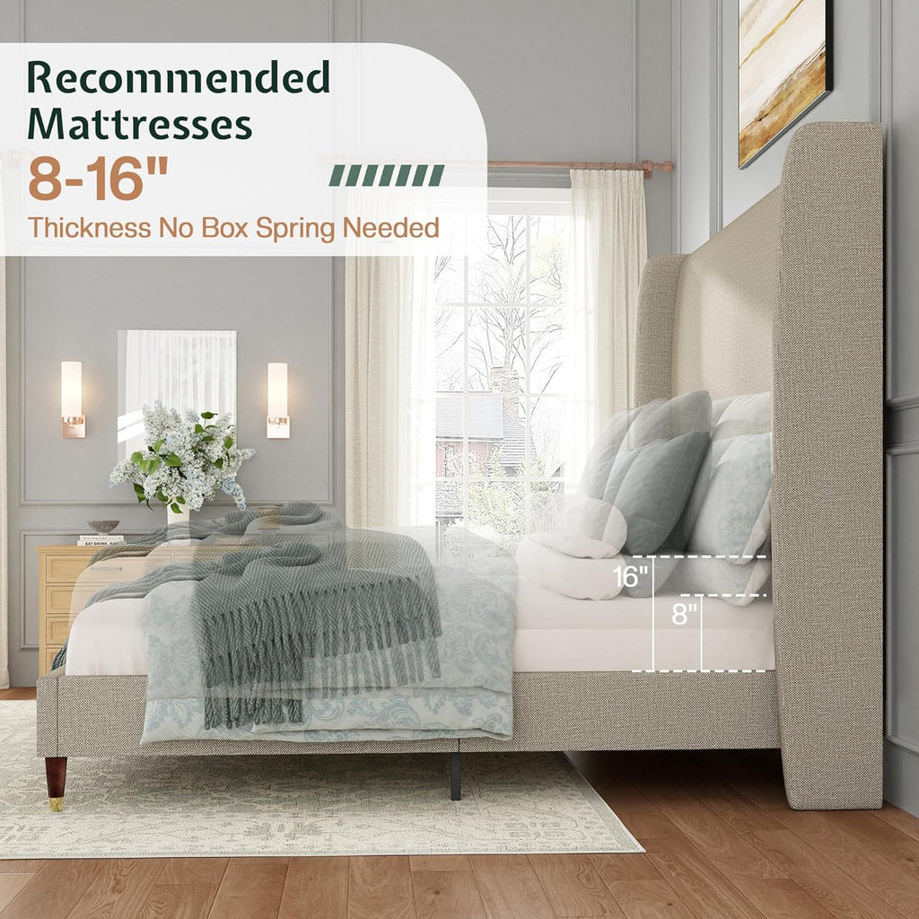 Queen Bed Frame 51.2" Wingback Headboard Linen Upholstered Platform Bed with Solid Wood Legs & Wooden Slats