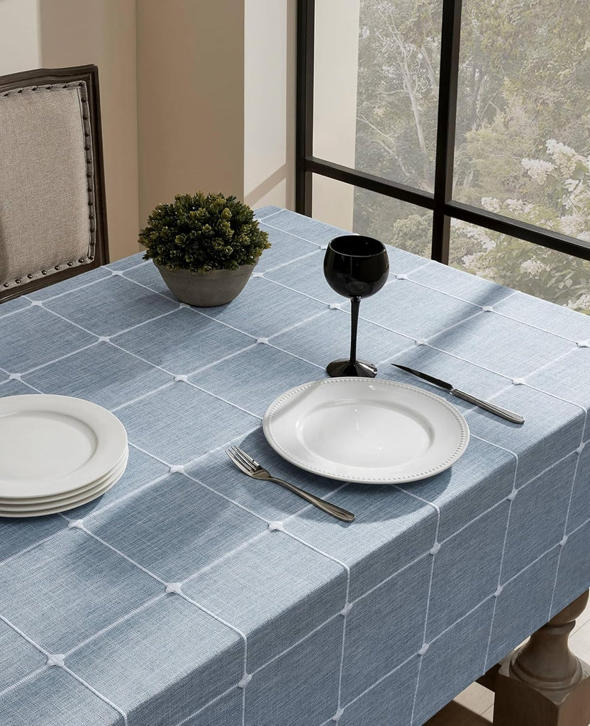 Grid Embroidered Hemmed Tablecloths, Blue 60x120 Inch, Farmhouse Style Heavy Weight Cotton Linen Dus