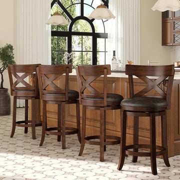 26 inch Counter Height Bar Stools Set of 4, Swivel Bar Stools with Back, Wooden Bar Chairs Faux Leather
