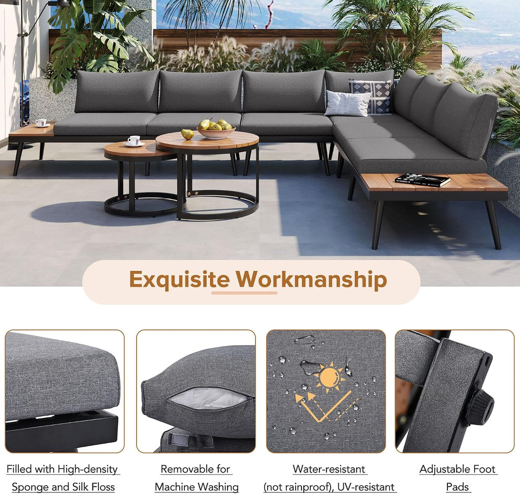 4-Piece Outdoor Sectional Sofa Set with Nesting Coffee Table and Cushion, Outdoor Acacia Wood L-Shaped Corner Sofa