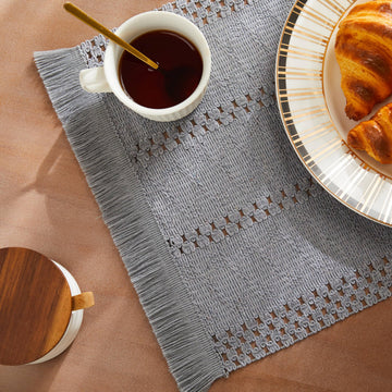 Macrame Style Boho Placemats Set of 4, Light Blue Grey 12x20 Inch