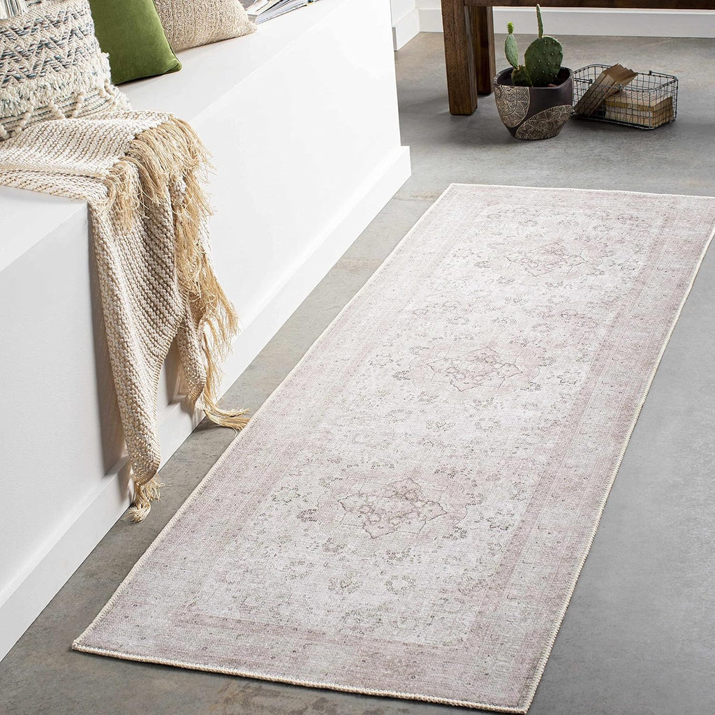 Washable Pink Medallion 10ft Runner Rug Traditional Beige Olive Tan Blush Dark Green Bordered Bethan