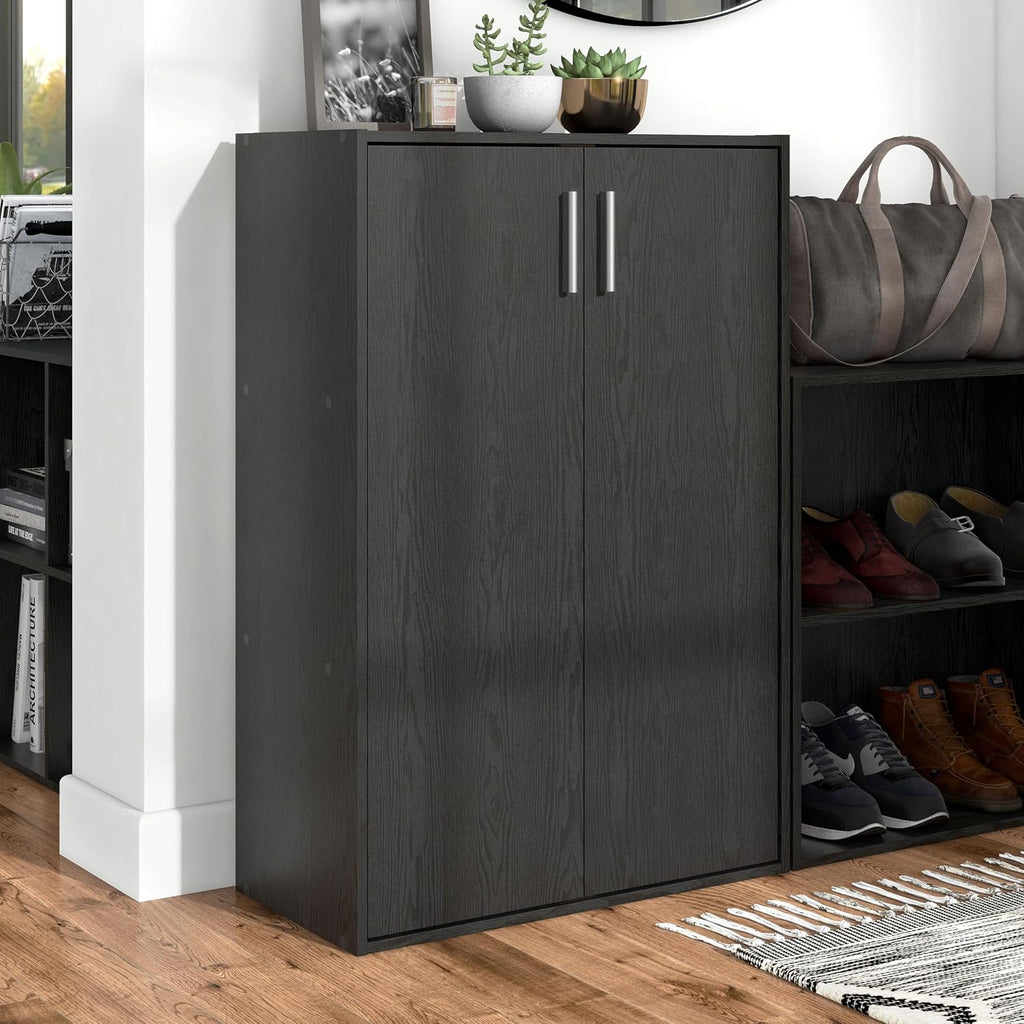 3-Tier Stackable Wood Bookcase with Doors, Cube Storage Organizer Shelves, Small Food Pantry Cabinet