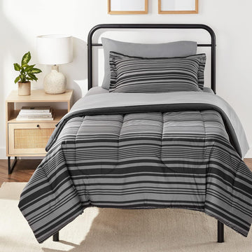 5-Piece Lightweight Microfiber Comforter Set with Sheets, Bed-in-a-Bag, Gray Calvin Striped Bedding