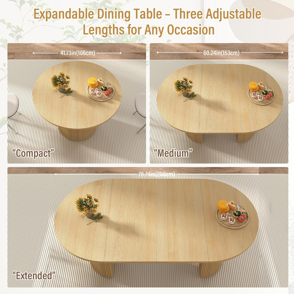 41 in-78 in Extendable Dining Room Table for 4-8, Round Expandable Kitchen Table with Fluted Base, Modern Farmhouse