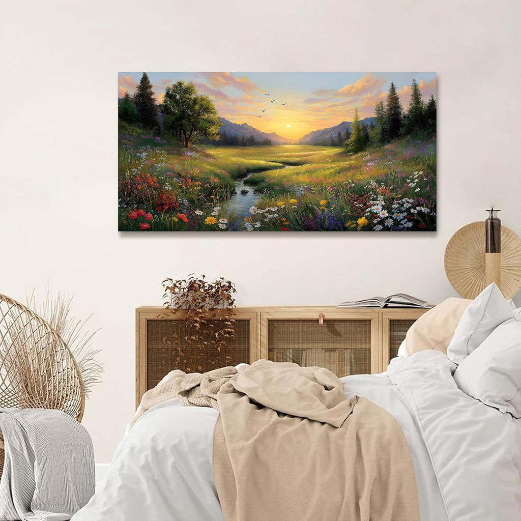 Large Green Landscape Canvas Wall Art Sunset Mountain Wildflowers Canvas Prints Nature Scenery Artwork Office Home