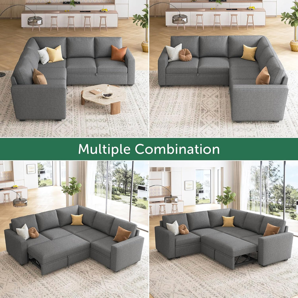 Sectional Sleeper Sofa with Pull Out Bed, L Shaped Couch with Storage Seat, Modular Sectional Couches , Dark Grey