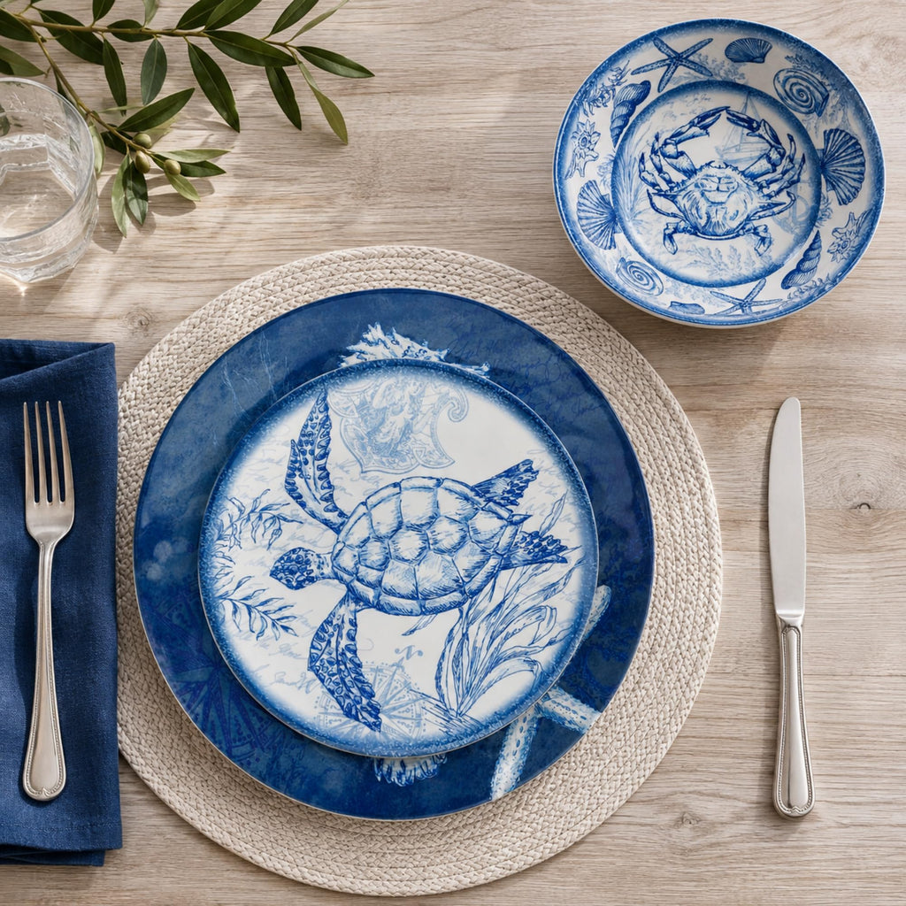Oceanic 12 piece Melamine Dinnerware Set, Service for 4, Multi Colored