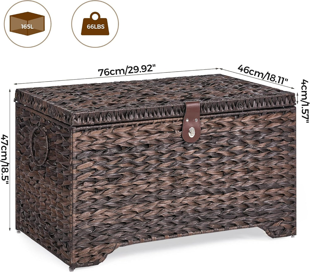 165L Handwoven Wicker Storage Basket with Lid, Large Storage Trunk | Leather Buckle Closure; Waterproof PP Wicker;