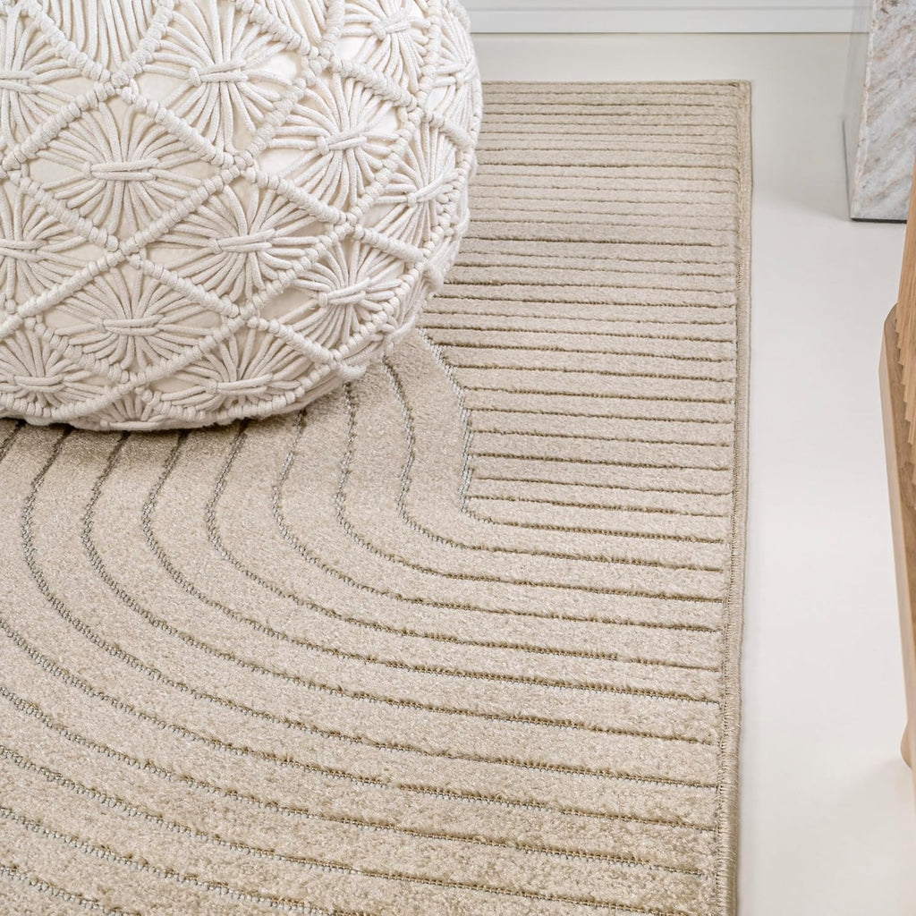 Hallie High-Low Curve Beige/Cream Indoor/Outdoor Area Rug, Minimalist, Japandi, Geometric, Pet Friendly