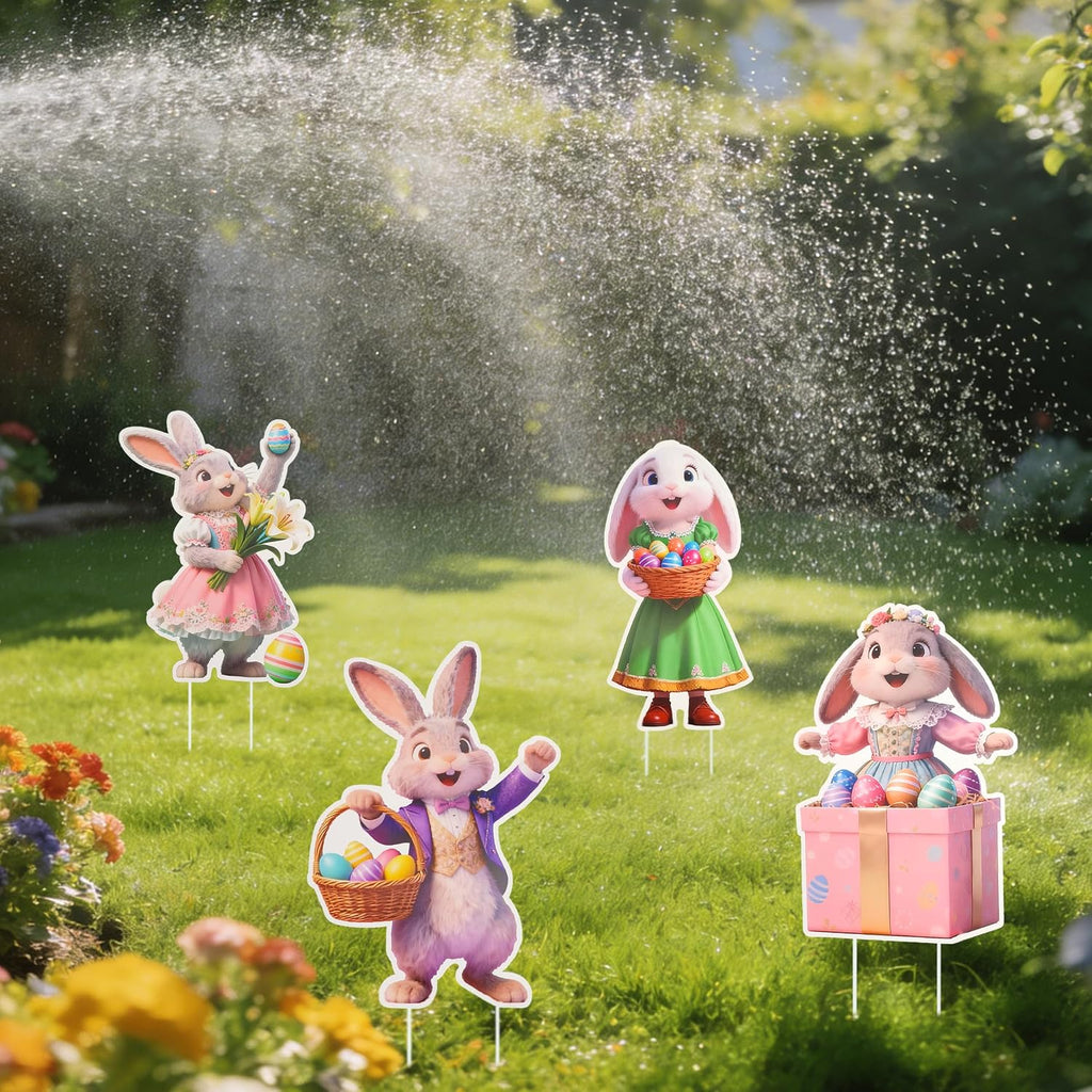 9-Piece Easter Bunny Yard Signs with Stakes, Cute Rabbit Outdoor Lawn Decorations for Easter Egg Hunts, Spring Garden - Set of 9