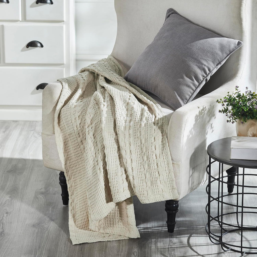 100% Cotton Waffle Weave Natural Throw 50x60, Decorative Cotton Throw Blanket, Boho Farmhouse Bedroom, Living Room