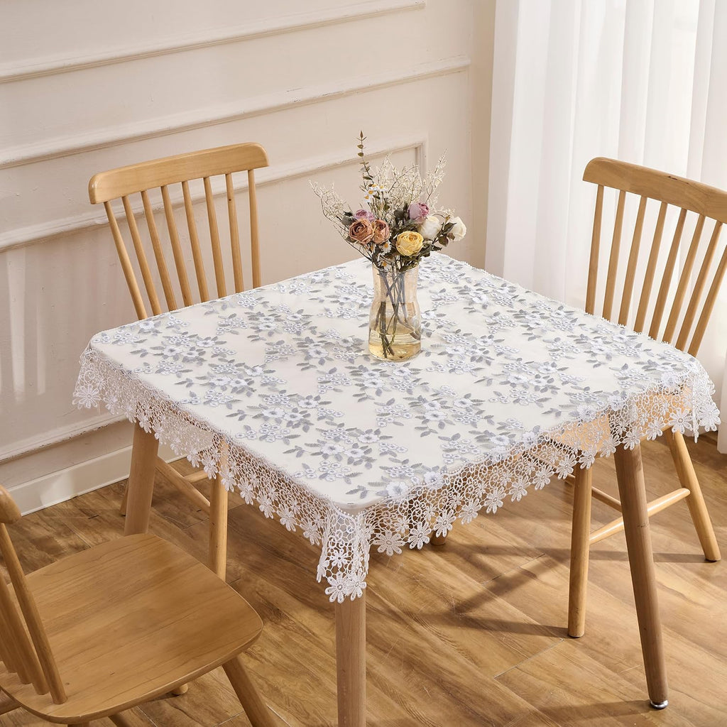 Floral Lace Tablecloth Grey with White Silver Embroidered Flowers 33”x33” Square Small Table Cover (