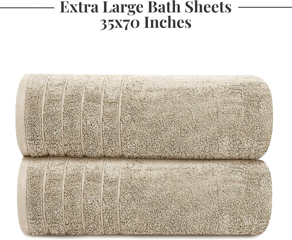 2 Piece Extra Large Bath Sheets 35 x 70 Inches, Beige | 100% Cotton, Larger & Lighter Weight, Quicker to Dry, Super