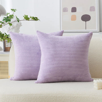 Purple Pillow Cover Set Solid Supersoft 2 Pieces Corduroy Handmade Decorative Velvet Throw Pillows for Bed, 50cm, 20