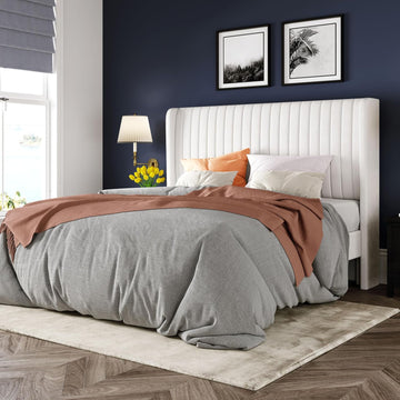 Queen Velvet Bed Frame/Vertical Channel Tufted Wingback Headboard/Upholstered Platform Bed/Strong Wooden Slats/No Box