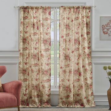 Antique Rose 100% Cotton Curtain Panel Pair, 42 W x 84 L Inches Each, Set of 2 - Ecru
