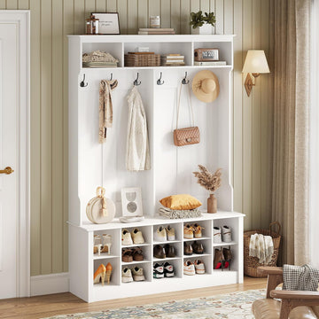 Hall Tree with Bench and Shoe Storage, 53" Farmhouse 4-in-1 Mudroom Storage Organizer with Coat Rack, 6 Hooks, 12