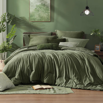 Comforter Set, Olive Green Bed Set Reversible, Comforter Set 7 Pieces