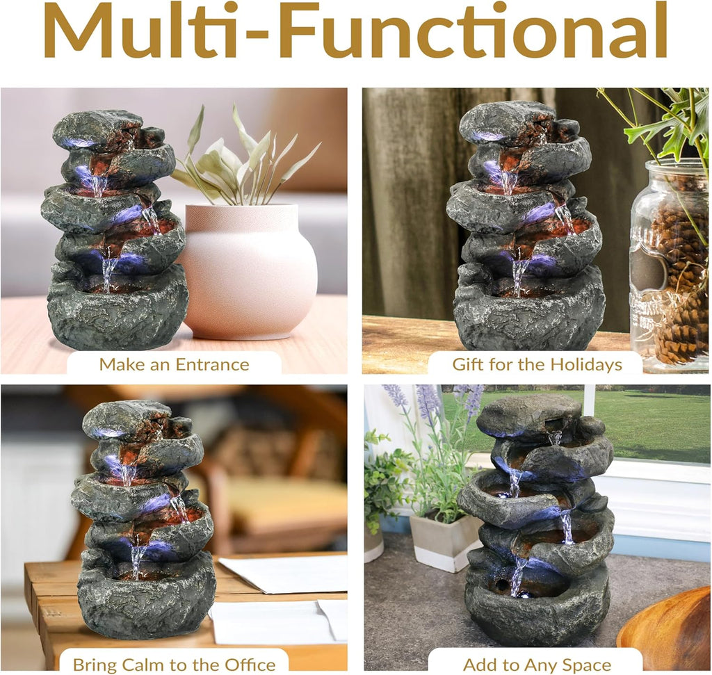 Tabletop Water Fountain - Stacked Rocks 10.5 Inch Relaxing Desktop Water Fountain with LED Lights
