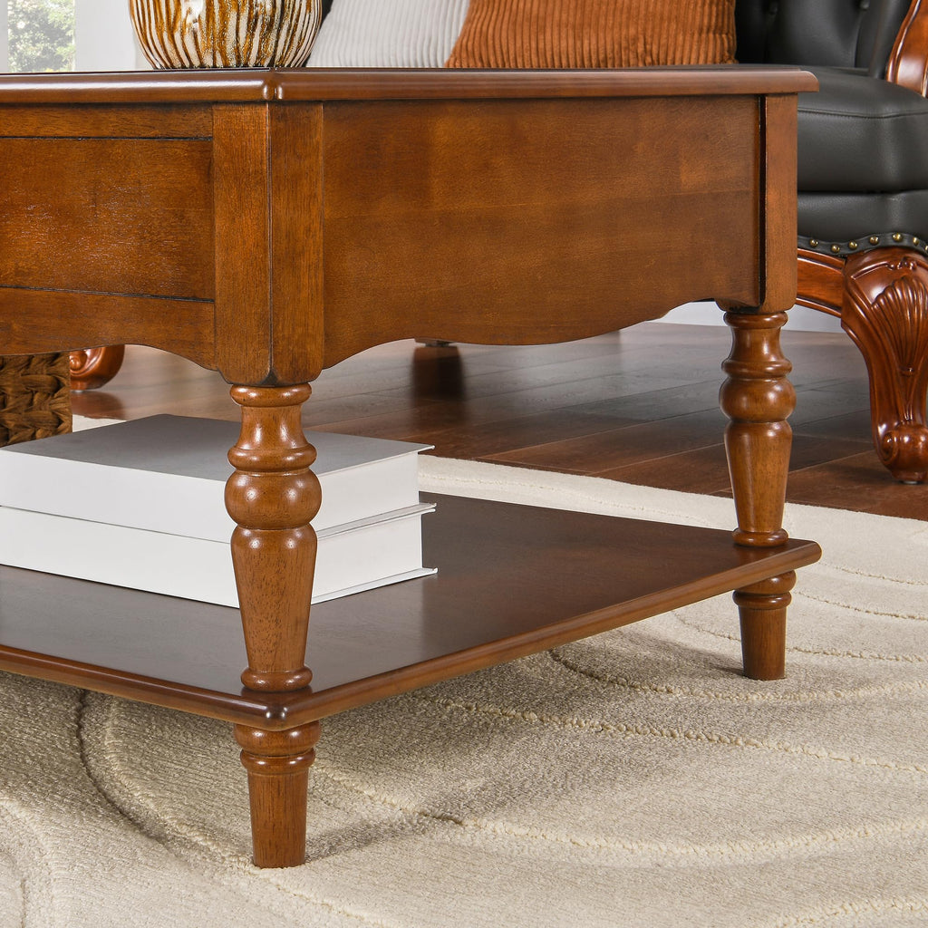 Solid Wood Coffee Table, Cherry Wood Coffee Table Cocktail Table with Storage Shelf, Victorian Style Coffee Tables