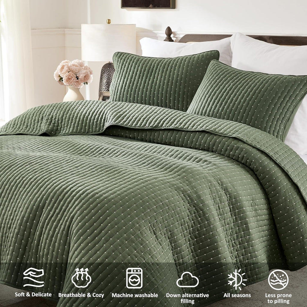 Olive Green Cross Stitch King Quilt Set, Striped Lightweight Soft Bedspread, Channel Farmhouse Rustic Coverlet, All