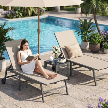 3 Piece Outdoor Lounge Chair Set 2 Patio Chaise Lounges with Wheels | w/Side Table Adjustable 5-Position Reclining