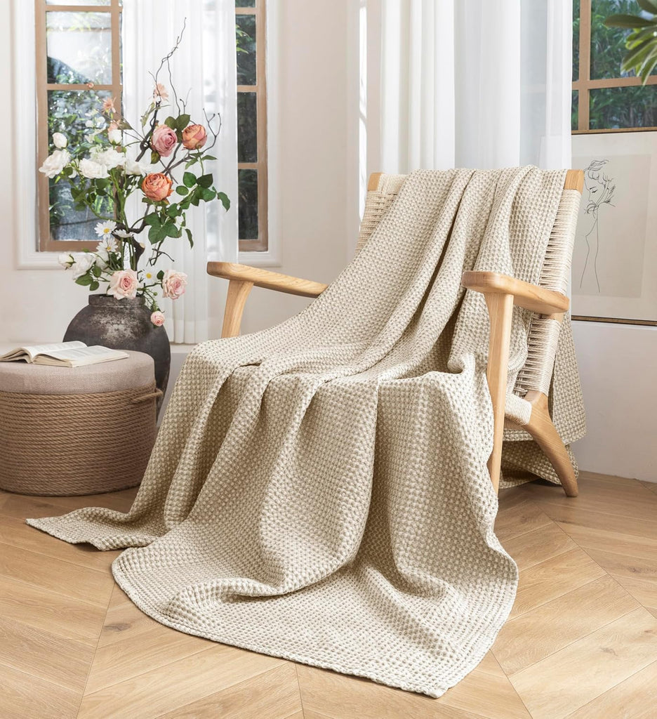 100% Cotton Blanket Throw Size, Machine Washable,Oatmeal,50x60 Inches