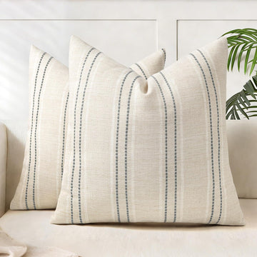 18x18 Decorative Farmhouse Linen Blend Throw Pillow Covers, Boho Textured Pillow Case, Set of 2, Beige with White & Gray Stitch Yarn Dyed Stripe Cushion Cover for Sofa Living Room (Cover ONLY)
