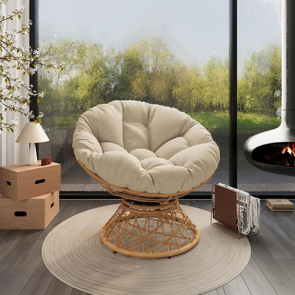 40" Ergonomic Wicker Papasan Chair, Beige, Natural Wood