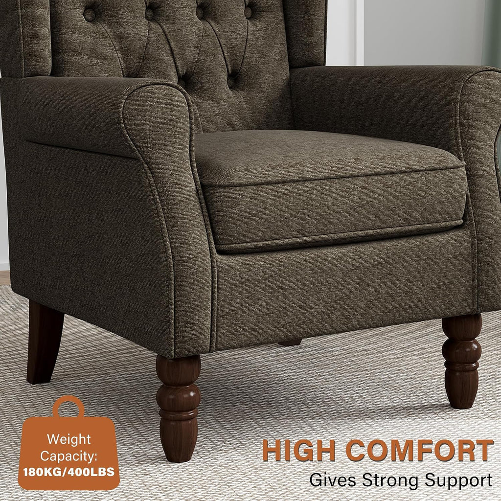 High Back Accent Chair, Tufted Wingback Chair , Taupe | Button-Tufted Upholstered Armchair with Solid Wood Legs