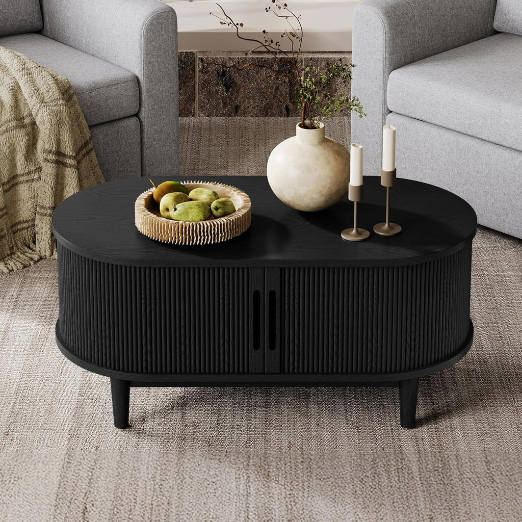 Round Coffee Table, 31.5" Drum Coffee Table with Sliding Tambour Door, Fluted Accent Center Table with Storage