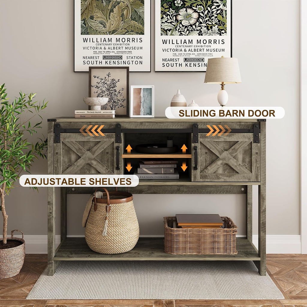 Console Table with Storage Shelf & Sliding Barn Door, Farmhouse Entryway Table with Storage, 46" Narrow Long Sofa