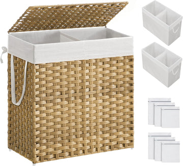 Laundry Hamper with Lid, 110L Wicker Laundry Basket | 6 Mesh Bags, 2 Removable Liner Bags, 13 x 22.4 x 23.6 Inches