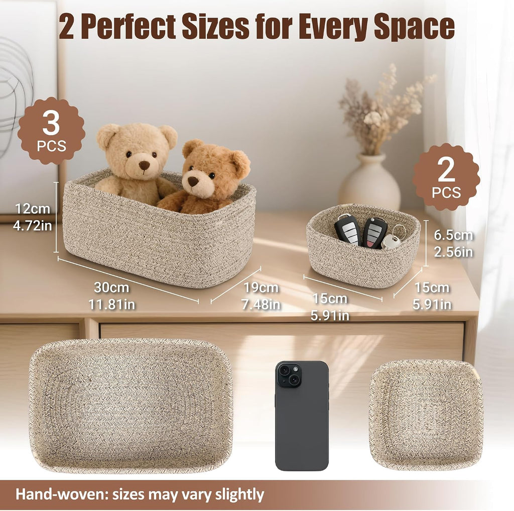 5-Pack Small Woven Rope Storage Baskets, 2 Sizes Organizer Bins | Fabric Cube Boxes and Rectangular Shallow Bins for