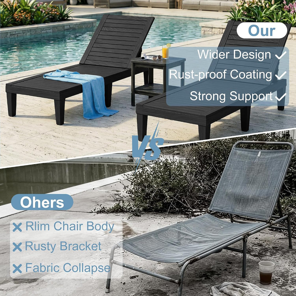 Lounge Chair Outdoor, Set of 2 High-Impact PP Tanning Chairs, Black | All-Weather UV-Resistant & Waterproof Patio