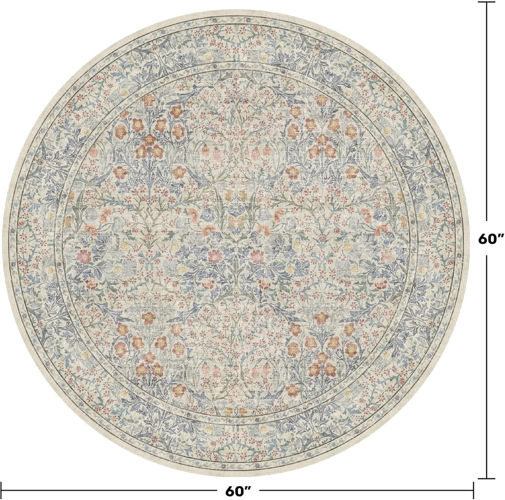 Beige Blue Round Nursery Rug 5ft - Pastel Circular 5x5 Rug for Kids Room, Living Room, Bedroom, Playroom, Home