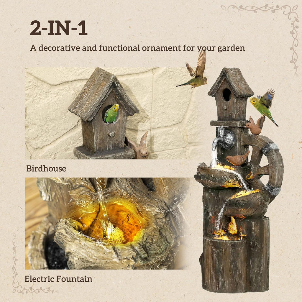 Outdoor Water Fountain, Decorative Garden Birdhouse, 3-Tier Cascading Waterfall with LED Lights and Water Wheel