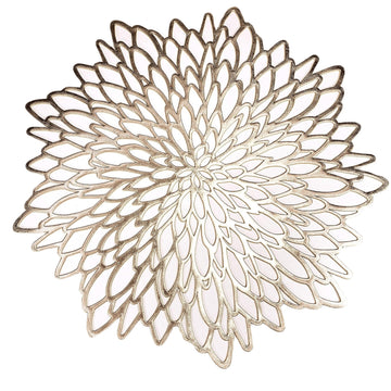 6 Pack Gold Placemats Metallic Pressed Vinyl Round Leaf Plastic Dinning Table Place Mats Fancy Decorative for Wedding
