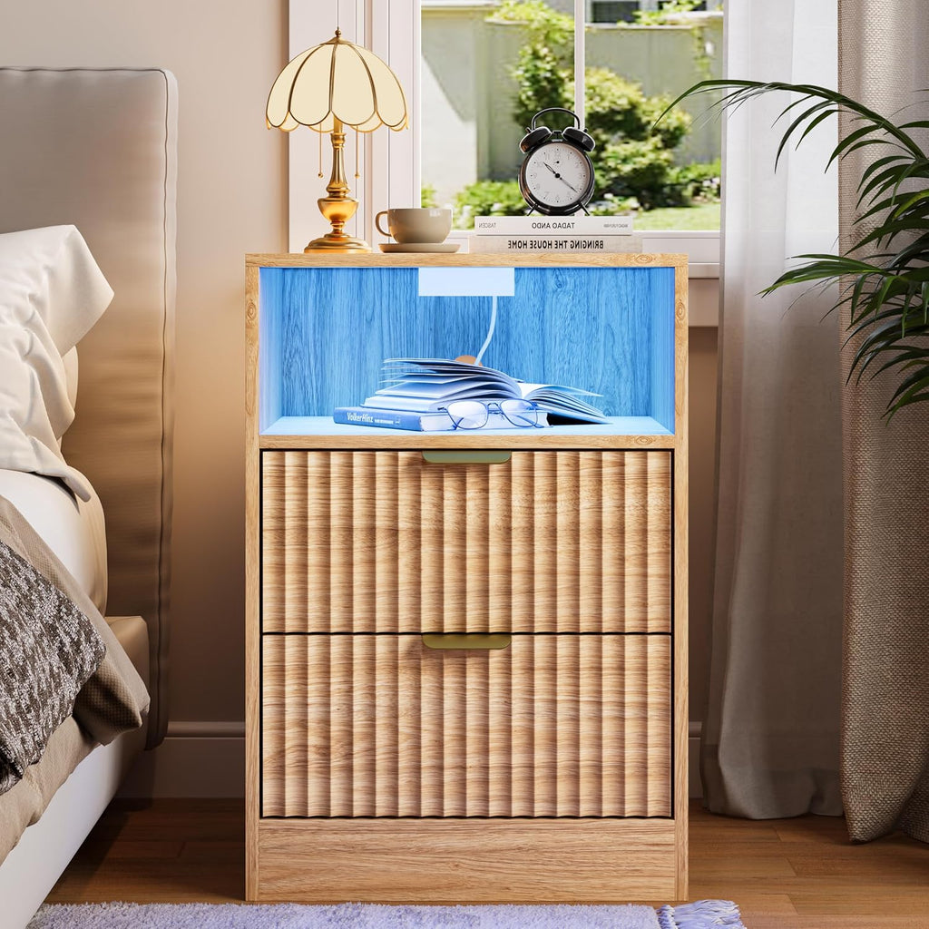 Night Stand Set 2, LED Nightstand with Charging Station, Fluted Nightstands Set of 2 with 2 Drawers, Wood Side Table