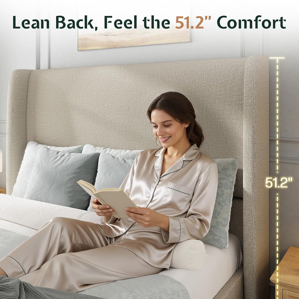 Queen Bed Frame 51.2" Wingback Headboard Linen Upholstered Platform Bed with Solid Wood Legs & Wooden Slats