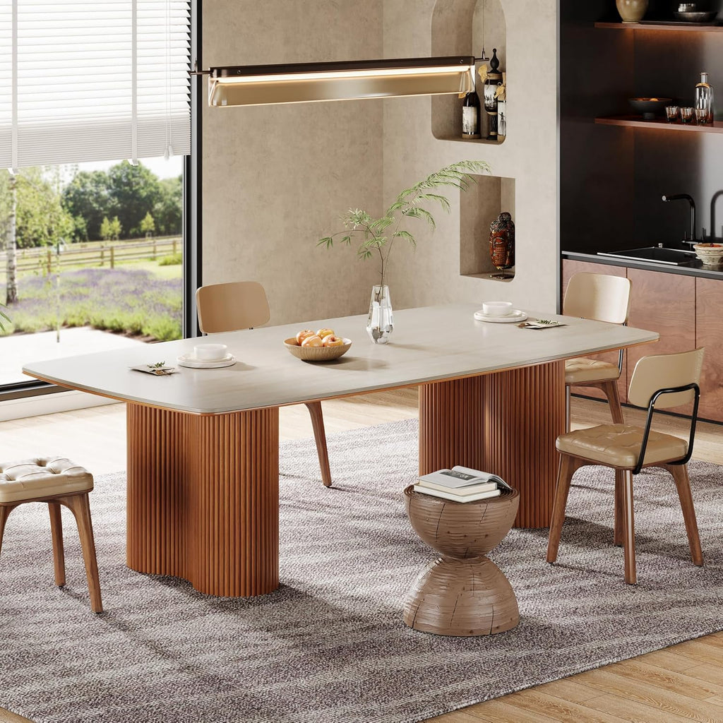 78.7" Sintered Stone Dining Table for 8-10，Luxury Rectangular Kitchen Table with Solid Wood Legs, Mid-Century Dining